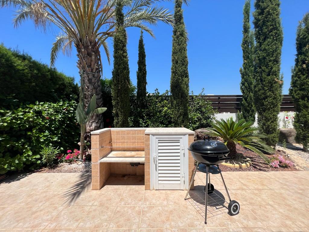 Built-in masonry barbecue and kettle grill set among palms and cypress trees