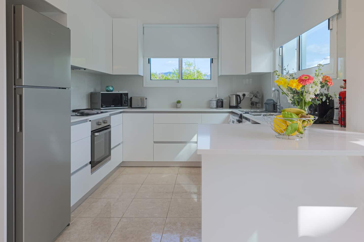 Bright white kitchen with oven, microwave, tall fridge freezer and garden window